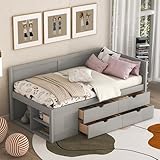 Twin Size Daybed with 4 Storage Drawers and Shelves, Wooden Twin Platform Bed Frame with L-Shaped Headboard and Slats Support, Corner Bed Twin Captain Beds for Kids Boys Girls Teens, Gray