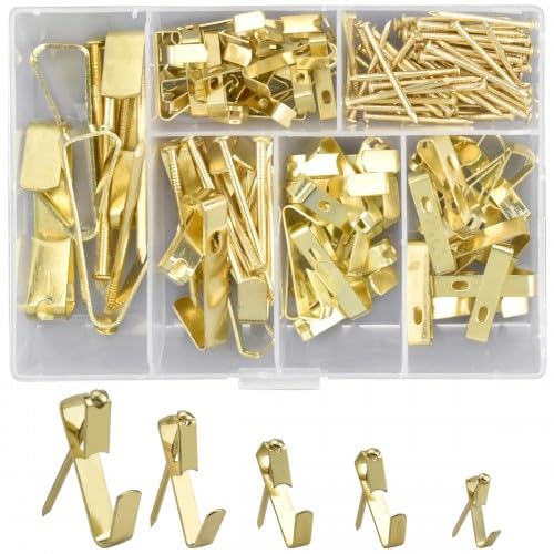 Cozlly Picture Frame Hook, 130 Pieces Wall Hook Metal Picture Hooks Set for Hanging Picture Frames Frame Picture Fixing Mirror Wall Decoration (Gold Colour)