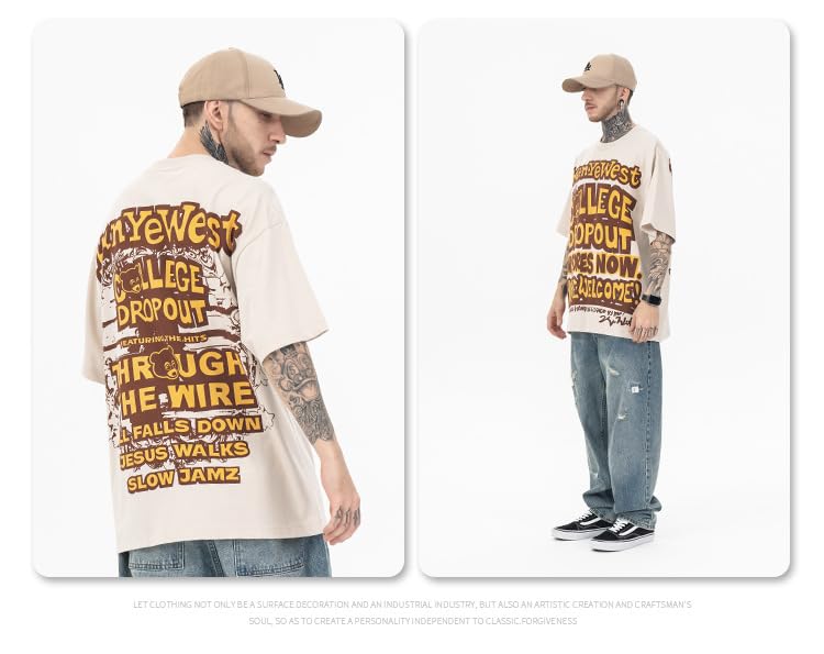 Men's Tupac T-Shirt Kanye Bear T-Shirt - Kanye West, Oversized Streetwear with Bear Print and Text Design Almond Color.4