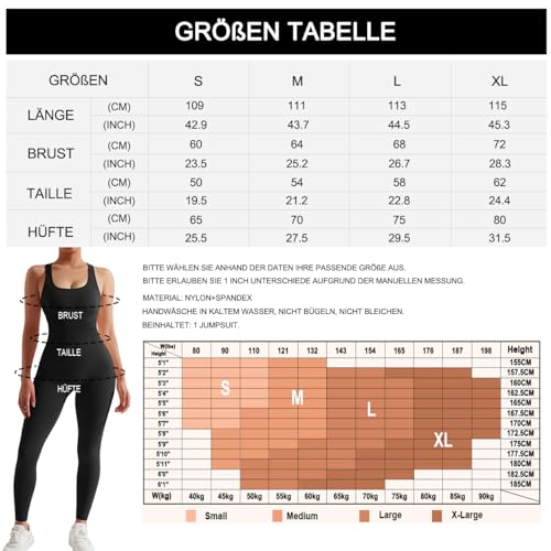 RXRXCOCO Gerippte Ärmellos Jumpsuits Damen Lang Eng Tank Rückenfreie Padded Einteiler Bauchweg Sport Yoga Overall Romper Schwarz M
