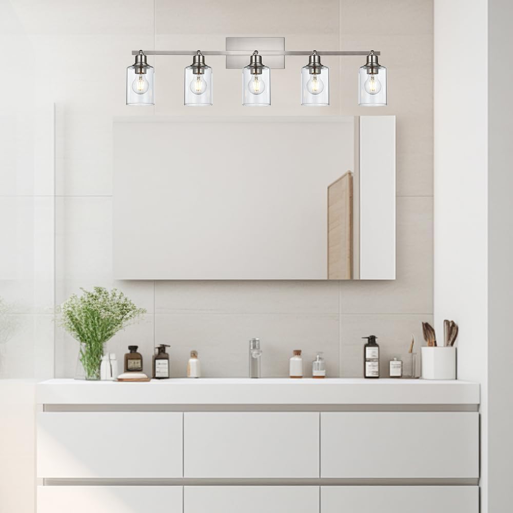 Modern Track Lighting Fixture Ceiling,5 Light Bathroom Vanity Light Brushed Nickel Track Lighting Kit Ceiling Lighting with Flexibly Rotatable Light Head for Kitchen,Clear Glass Shade