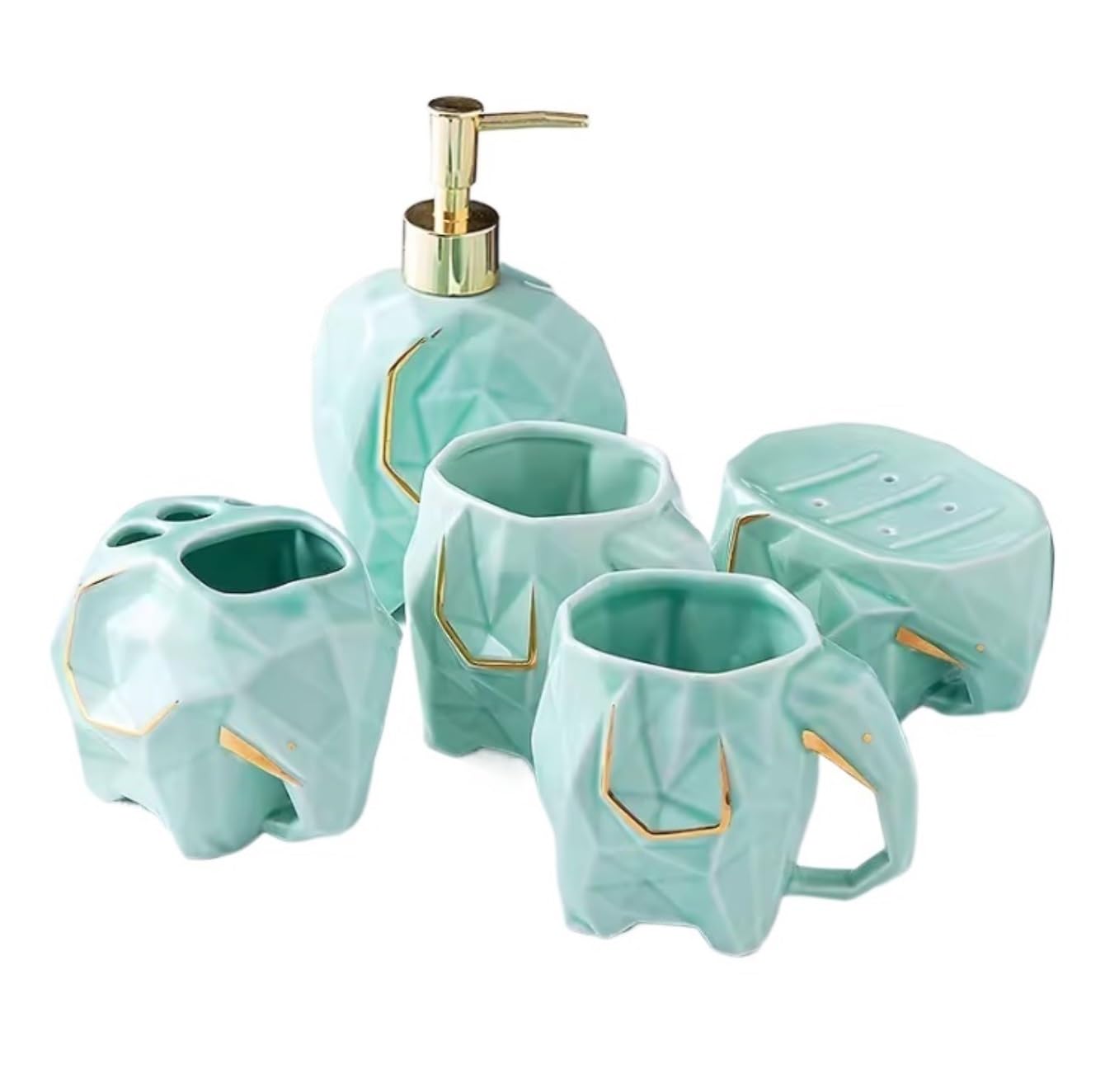 Accessori Bagno Set Bagno Set di Accessori da Bagno da 5 Pezzi Dispenser di Sapone Geometrico Dispenser di Lozione in Ceramica Portaspazzolino Accessori Bagno Decorazioni(Grün)