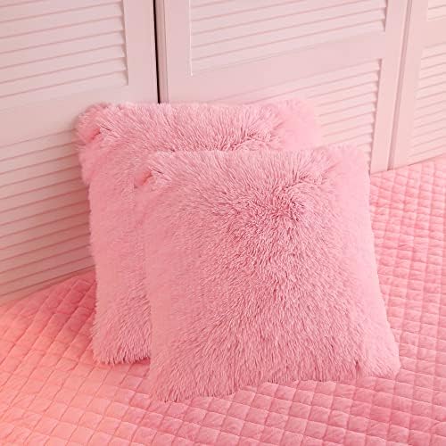 LIFEREVO 2 Pack Fluffy Faux Fur Pillow Shams,18 x 18 Inches Throw Pillow Covers,Luxury Decorative Furry Pillowcases Cushion Cover for Christmas,Zipper Closure,No Pillow Insert,Pink