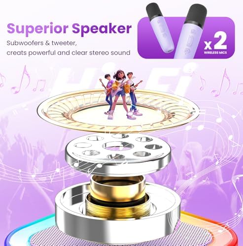 Karaoke Machine for Kids Adults, Portable Bluetooth Mini Karaoke Microphone Singing Speaker Karaoke Player with 2 Wireless Mic Toys for All Smartphones,Birthday, Family,Home Party (Light Purple) - View 4