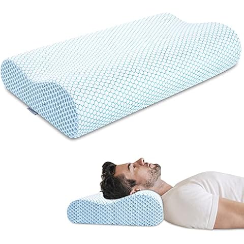 Anvo Memory Foam Pillow, Neck Contour Cervical Orthopedic Pillow for Sleeping Side Back Stomach Sleeper, Ergonomic Bed Pillow for Neck Pain - Blue White, Soft Cover