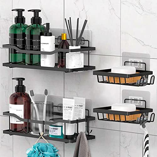 TWBEST Etagere Douche Sans Percage, 4 PCS Étagère de Rangement Douche Noir, Support Douche, Etagere Salle de Bain, Porte Shampoing Douche, Accessoire Douche avec Porte Savon Douche et Porte-brosse