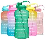 Venture Pal Large 1 Gallon/128 OZ Motivational BPA Free Leakproof Water Bottle with Straw & Time Marker Perfect for Fitness Gym Camping Outdoor Sports-Green
