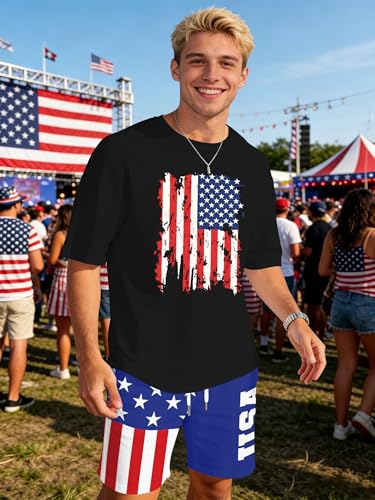 Image of Ithalt Patriotic Shirts for Men 4th of July Outfit 2 Piece Set Short Sleeve and Shorts American Flag 250th Anniversary