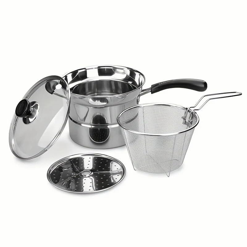 4Pcs Stainless Steel Deep Fryer Basket With Lid - Round Wire Strainer Chip Pan for Cooking and Frying - Kitchen Cookware