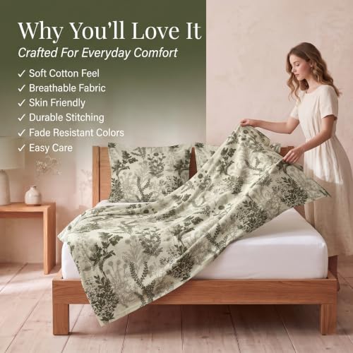 Image of BSB HOME 240 TC Cotton Double Bedsheet with 2 Pillow Covers, Soft & Breathable Bed Sheet for Double Bed, Fade & Wrinkle Resistant, Floral Print, 90 x 100 Inches (228 x 254 cm) - Sage Botanical