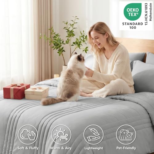 Image of CozyLux Queen Comforter Set Light Grey - 7 Pieces Bed in a Bag, Modern Vertical Quilted Room Decor, Soft All-Season Bedding Gift with Comforter, Sheets, Pillowcases & Shams