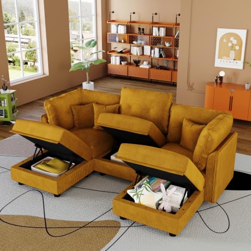 Image of LLappuil Modular Sectional Sofa with Storage, U-Shaped 5-Seat Corduroy Couch with 5 Throw Pillows, Pet-Friendly Convertible Sofa for Small Space, Skin-Friendly, Yellow