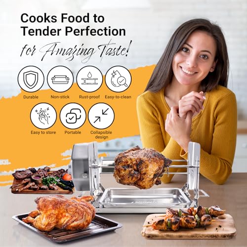 Cordless Universal Rotisserie Kit for Grills Ovens and Smokers - Non-Electric Wind-up Spit Roaster, Gas or Charcoal BBQ - Indoor/Outdoor (Stainless Steel)