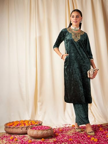 Image of Women's Velvet Floral Embroidered Straight Kurta | Round Neck Three-Quarter Sleeve Calf Length Kurti with Thread Work