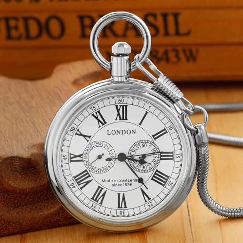 Tiong Vintage Silver Train London Design Mechanical Hand Winding Pocket Watch Stainless Steel Mens Watches with Chain - Image 4