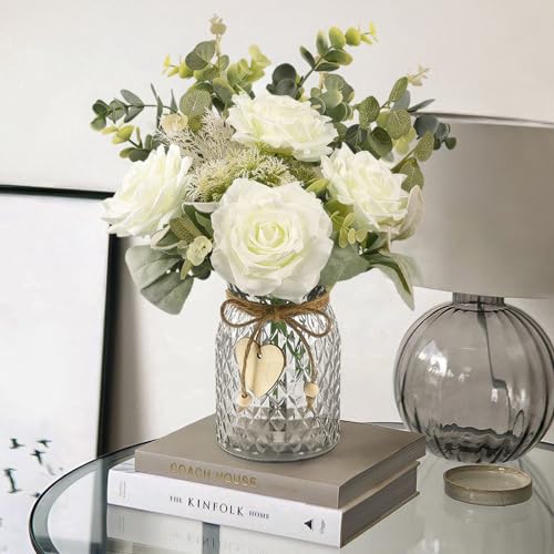 HOHOTIME Artificial Flowers with Vase, White Silk Roses Fake Flow...