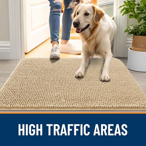 Image of OLANLY Dog Door Mat Set 2-Piece 36x24, Absorbs Moisture and Dirt, Absorbent Non-Slip Washable Doormat, Quick Dry Chenille Mud Mat for Dogs, Entry Indoor Entryway Carpet for Inside Floor, Beige
