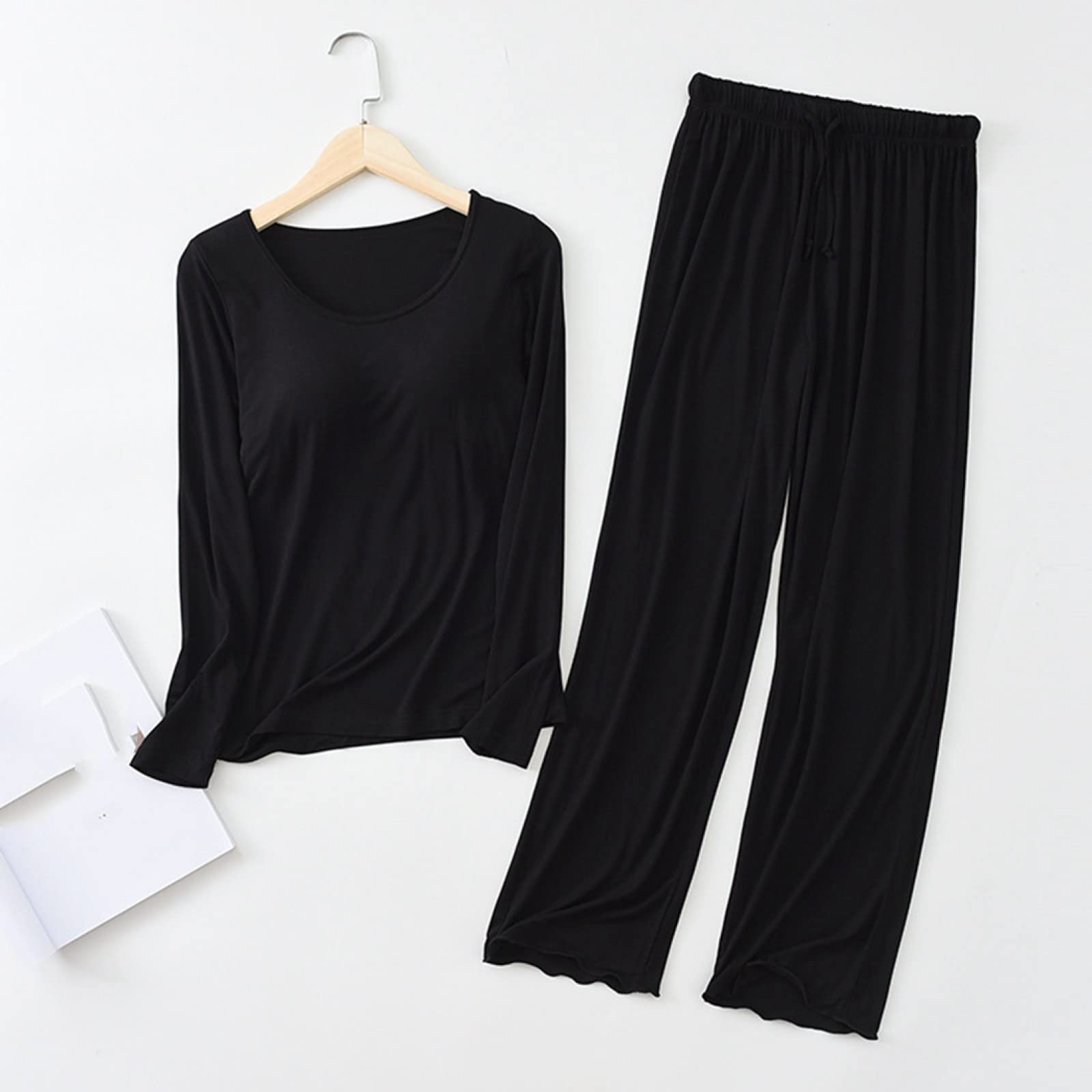 Pijama de Franela para Mujer y Hombre, de otoño e Invierno, de algodón Puro, con Almohadillas para el Sujetador, Elegante Conjunto Negro de Manga Larga y pantalón, Cuello Redondo,