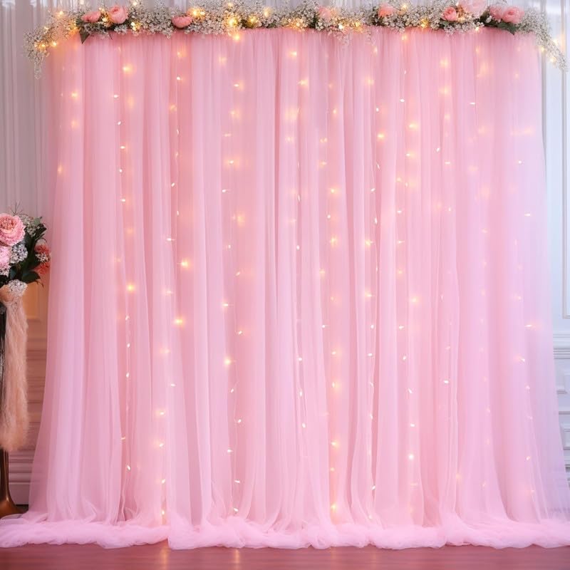 Image of Shimmers 6 Pc Pink Net Curtain Decoration Kit | 2 Curtains 4x8 FT | Ribbon & 2 Hooks | Birthday, Baby Shower, Party Backdrop