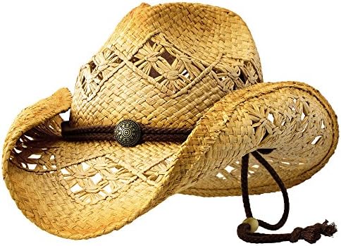 Sonoma (Medium) - Deadwood Trading | Natural Raffia Straw Cowboy Hats for Men & Women | Hit The Beach in Cowgirl Style | Cute Summer Hat w/Shapeable Brim, Cotton Band, Concho & Adjustable Chin Strap