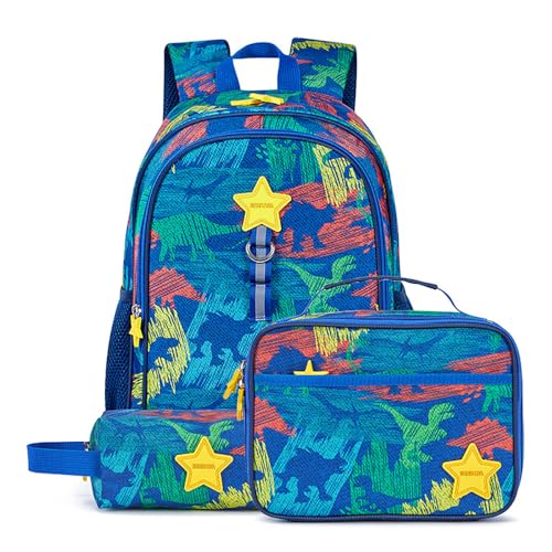 Kids Dinosaur School Bag Set for Boys 38cm Backpack with Lunch Box and Pencil Case Blue Camo Pattern Ages 6-8 Blue Dinosaur 15 inches Classic