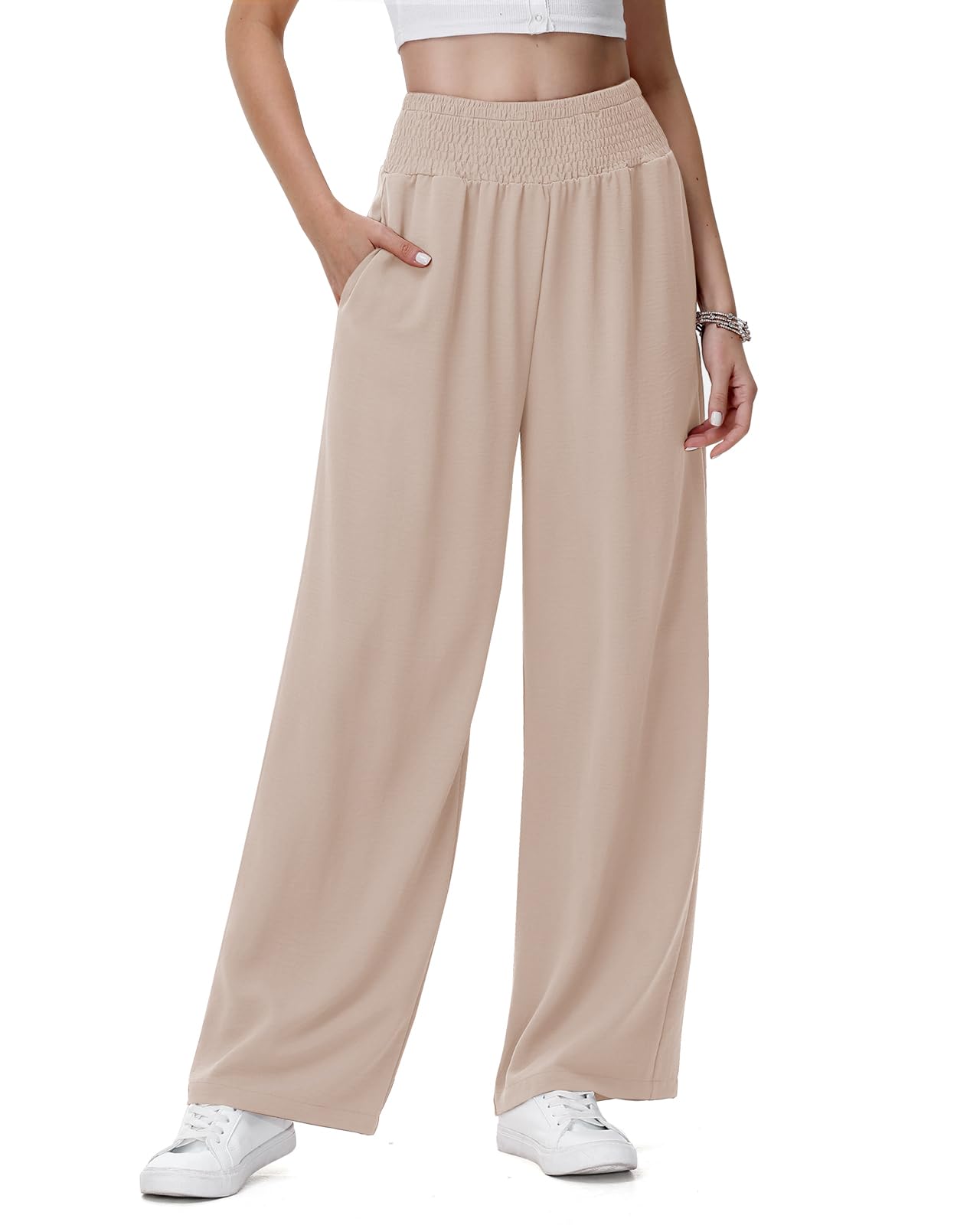 HMIYA Weite Hosen Damen Lässig Leicht Sommerhose Hohe Taille Palazzo Hose mit Taschen
