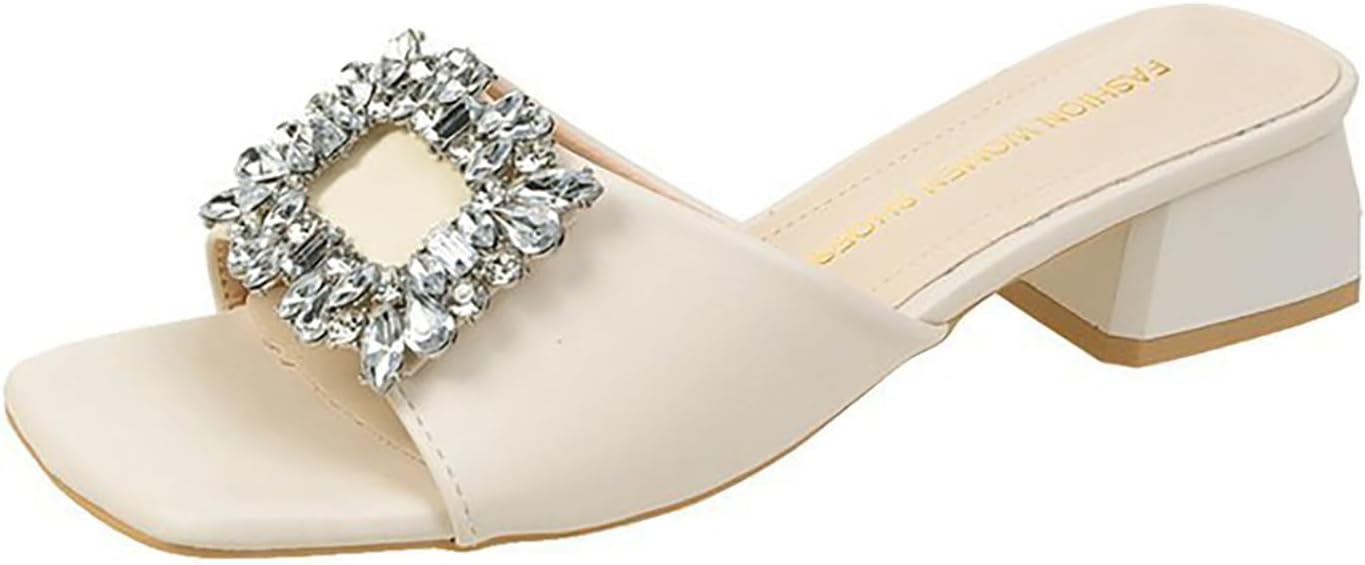 Women's Leather Square Rhinestone Block Heel Mules Sandals Fashion Square Open Toe Low Block Heel Slides Sandals for Party Wedding Dress Shoes
