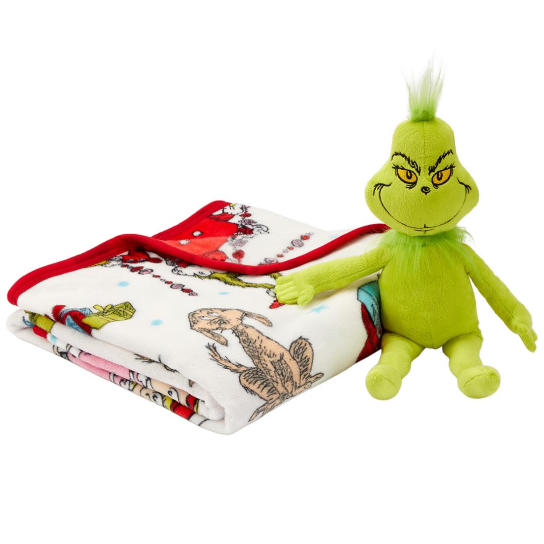Dr. Seuss The Grinch Holiday &amp; Christmas Kids Bedding Super Soft Plush Pillow and Throw 2 Piece Set, 40 in x 50 in (Officially Licensed Product) By Franco