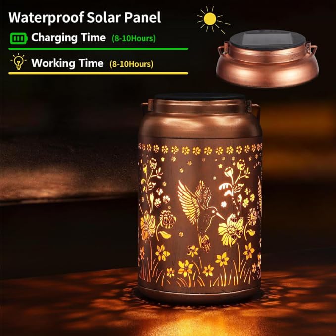 Image of Solar Hanging Lantern Outdoor Waterproof, Metal Jar Light with Hummingbird Floral Cut Design, Warm LED Decorative Garden Light for Balcony, Patio, Yard & Gift for Mothers Day (1)