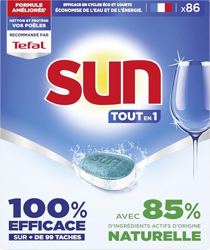 SUN - pastilles lave-vaisselle Tout en 1 Regular - 86 tablettes - avec 85% d'ingrédients d'origine naturelle - 100% efficace sur + de 99 taches - Fabriqué en France