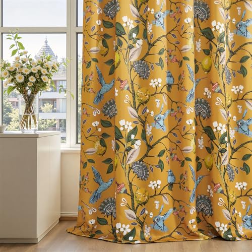 Image of Mustard Yellow Kitchen Tier Curtains 36 Inches Long,Botanical Floral Lemon & Hummingbird Pinch Pleated Half Window Drapes Room Darkening for Kitchen RV Cafe Basement Bathroom Dining Room,2 Panels