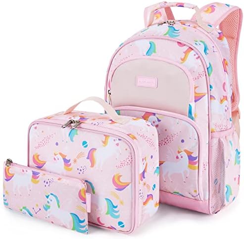 mommore Kids Backpack Set, Unicorn Backpack for Girls Lightweight Elementary Bookbag for Students School Backpack for Children with Chest Strap Water Resistant, 3pcs pink