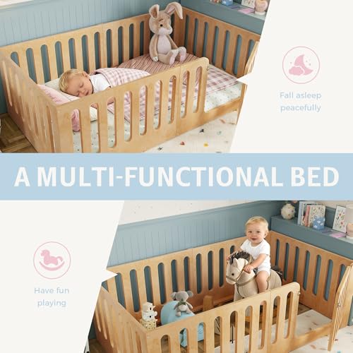 Image of Bellemave Queen Size Kids Montessori Floor Bed,Queen Size Floor Bed Frame with High Fence and Door,Solid Wood Montessori Bed for Girls Boys,Natural