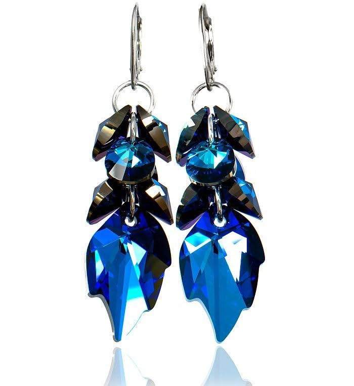 Boucles d'oreilles feuille bleue argent 925 zodiaque cristaux originaux