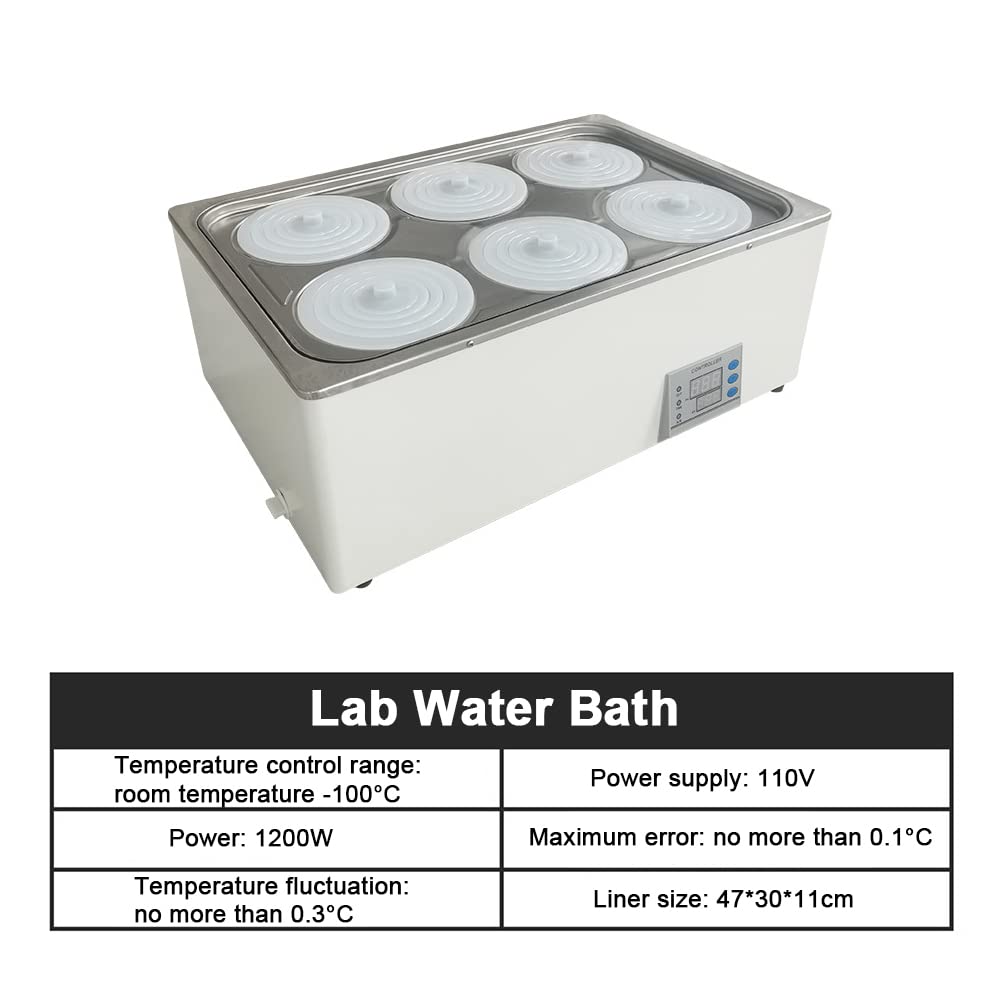 Bain-marie de laboratoire thermostatique à chauffage électrique, 1200W anti-brûlure sèche, réservoir intérieur en acier inoxydable 304 d'une capacité de 20L 6 ouvertures