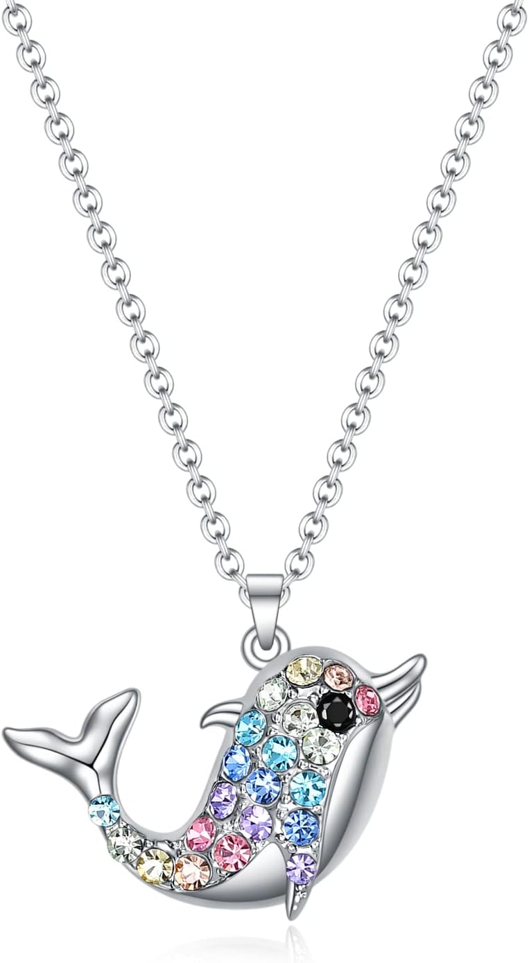 SUMFAN Shark Penguin Dolphin Sea Turtle Necklace Gifts for Girls Women,Rainbow Crystal Girls Birthday Gifts Animal Jewelry Pendant for Daughter