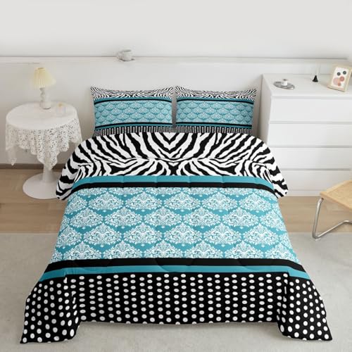 Manfei Vintage Blue Damask Comforter Set,Zebra Damask Stripes Bedding Set Kids Teens Modern Decor,Polka Dot Comforter with 1 Pillowcase for All Seasons,Twin