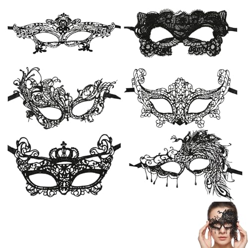 VYNZOR 6 Piezas Máscara de Mascarada Mujeres Mascara de Ojos Veneciana Sexy-Máscara de Encaje para Halloween Mascarada Carnaval Fiesta de Disfraces, Negro