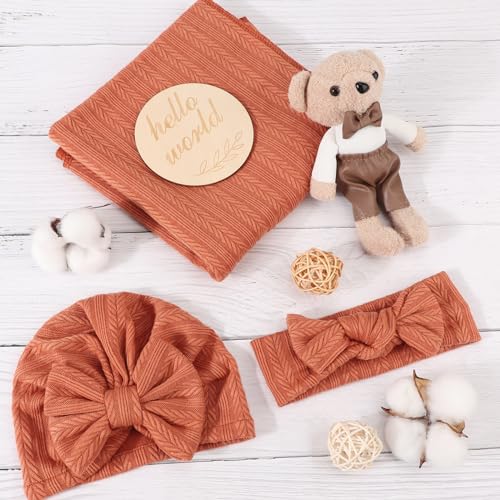 Image of AQOKKA Newborn Receiving Blanket with Bow Hat Headband Wooden Card Set Wheat-Pattern Newborns Toddler Baby Boy Girl Nursery Swaddle Wrap