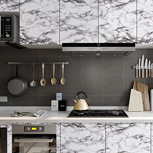 Image of Caltero Marble Peel and Stick Wallpaper, Glossy Marble Contact Paper, 15.7 inch x 472 inch, Black, White, Grey for Countertop, Kitchen Cabinets, Bathroom