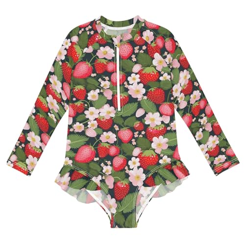 CHIFIGNO Cute Strawberries Leaves Girls Swimsuit One Piece Rash Guard UPF 50+ Long Sleeve Girls' Swimwear Sport Bathing Suit, Size 5-6