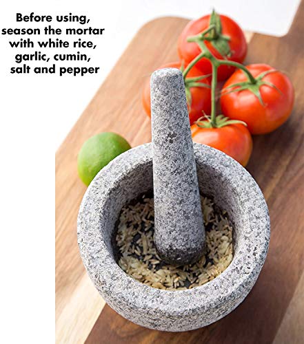 Kota Japan 6” Heavy Granite 2 Cup Mortar & Pestle Natural Stone Molcajete Bowl and Grinder Set for Spices, Herbs, Seasonings, Pastes, Pesto and Guacamole. Release Your Favorite Flavors! Great Gift!