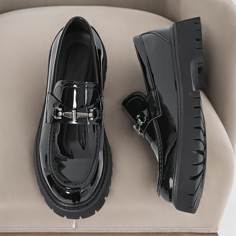 Men's Classic Loafers - All-Season Solid Color Slip-On Dress Shoes with Faux Upper, Round Toe, Rubber Sole for Daily, Party, Wedding - Casual Korean Style Thick Sole Glossy Footwear2