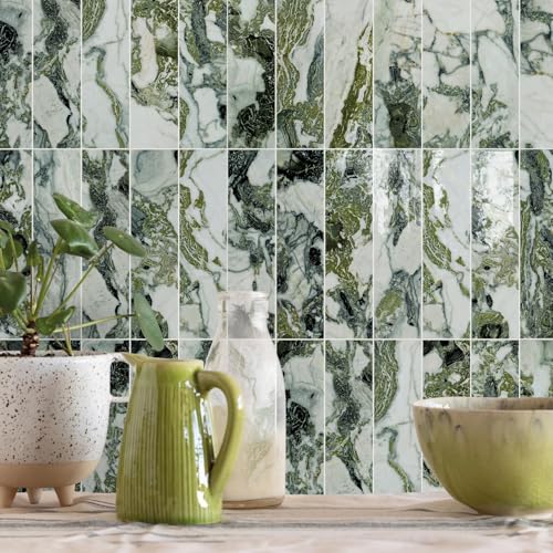 Vamos Tile 40-Piece Glossy Ice Green Marble Peel and Stick Backsplash Tiles with White Grout, 3" x 12" PVC Faux Stone Backsplash Tile,Stick on Subway Tile for Kitchen, Bathroom, Laundry Room by Vamos Tile - Used condition - Image 2