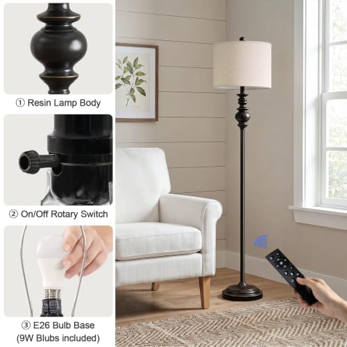 Image of BOBOMOMO 64.25 inch Farmhouse Floor Lamp with Remote, Dimmable Black Floor Lamp with Adjustable Color Temperatures, Tall Standing Lamps for Living Room Corner, Bedroom & Office, 9W Bulb Included