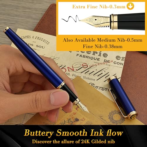 Image of BEILUNER Blue Fountain Pen,Stunning Luxury Pens with 24K Gold Accents, Gorgeous 24K Gilded Nib(Extra Fine), Fancy Pen Gift for Men&Women -Ink Converter-Elegant, Reliable,Graduation Presents, Nice Pen