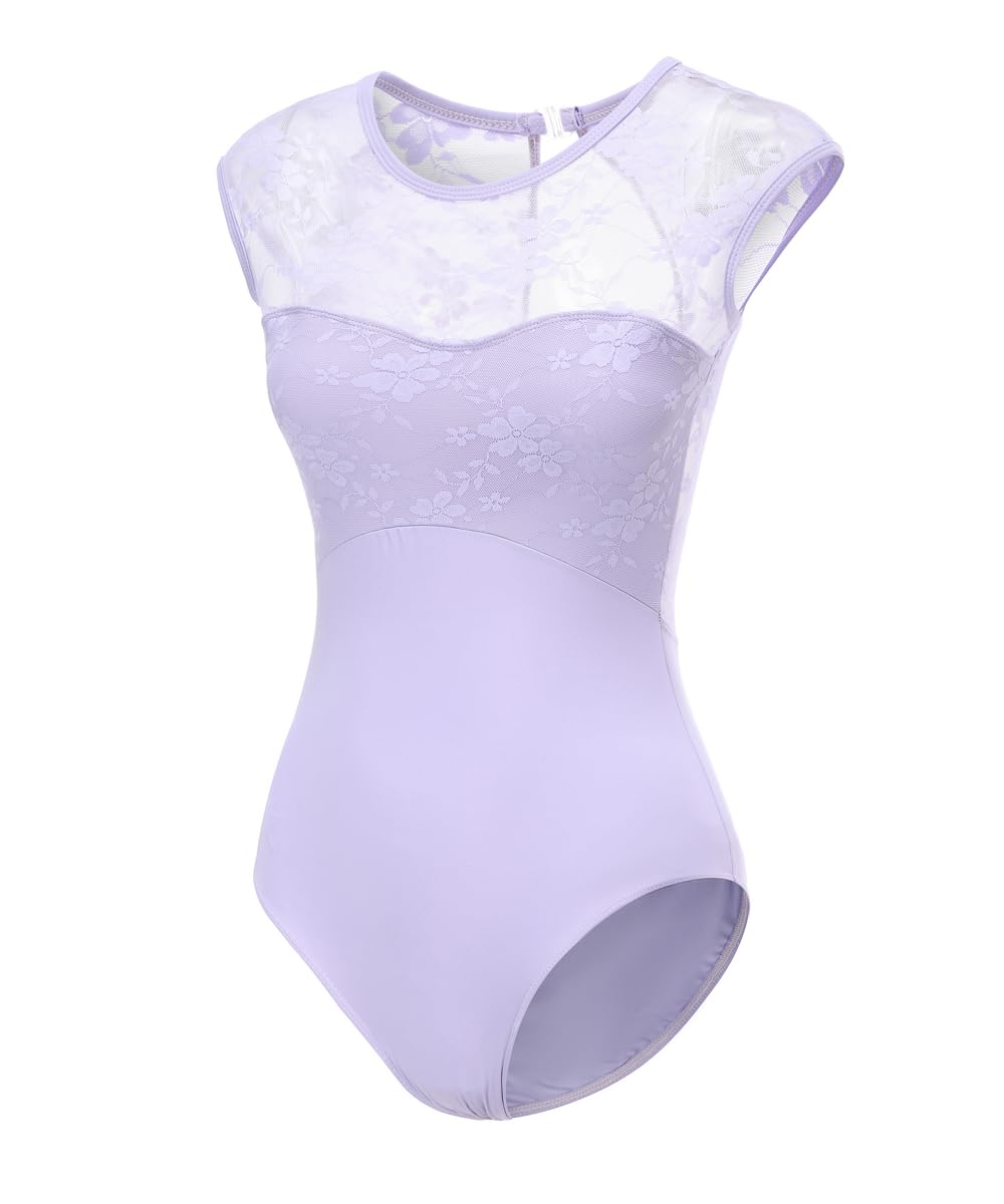 Lanbodance Women's Lavender/Lace Short Sleeve Ballet Leotards For Adult Dance Gymnastics Bodysuit, Medium