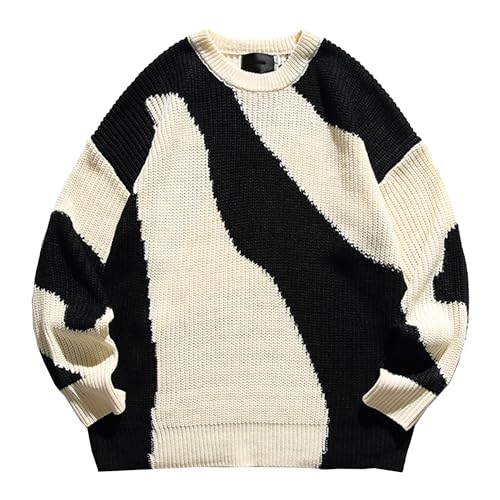 Men's Black and White Sweater Male Dual Color Casual Knit Pullover Men Soft Crewneck Fall Winter Cardigan