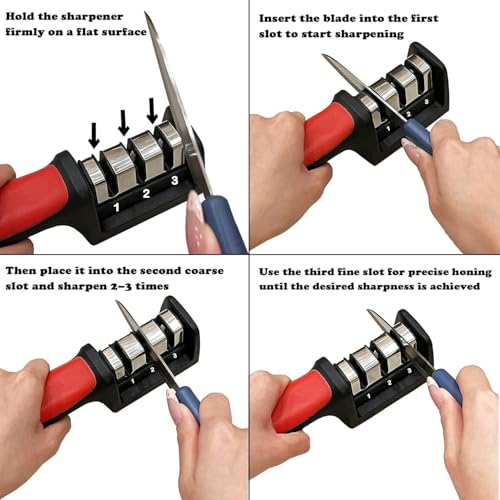Image of WELLUCK Knife Sharpener Manual 3 Stage Knives Sharpner Tool Advanced Knife Sharpener for Kitchen Knife Sharpner Knives Sharpening Tool for Steel Knives (Red-Black)