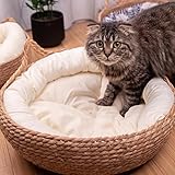 Woven Straw Cat Bed,Round Breathable Woven Basket Cattery,Cat's Ears Shaped Handmade Wicker Pet Bed for Cats & Dogs,Scratch-Proof Scratching Board Pet Nest,Comfortable for All Seasons (Medium)